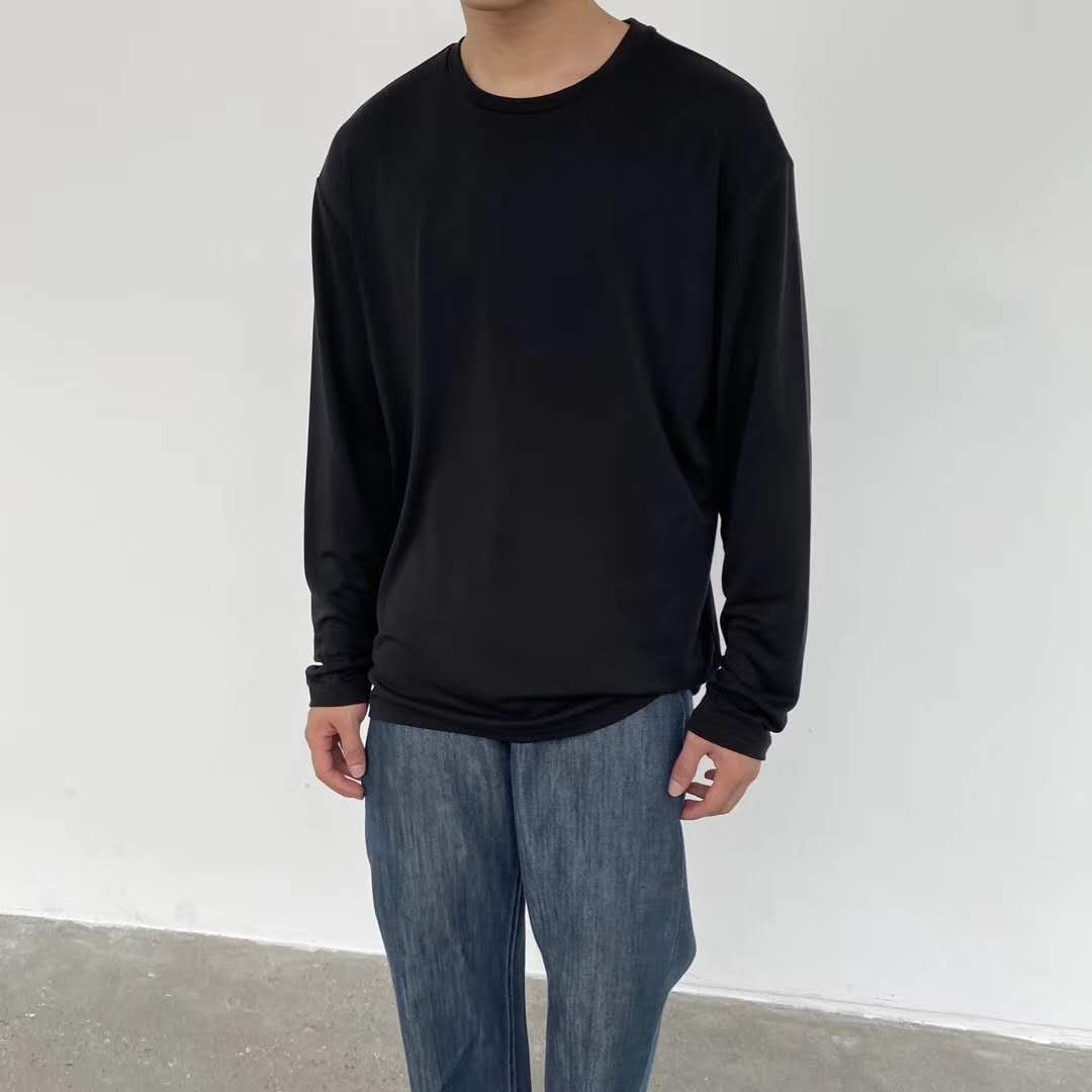 秋季简约基础款纯色打底长袖T恤男 青年复古休闲宽松潮流体恤上衣