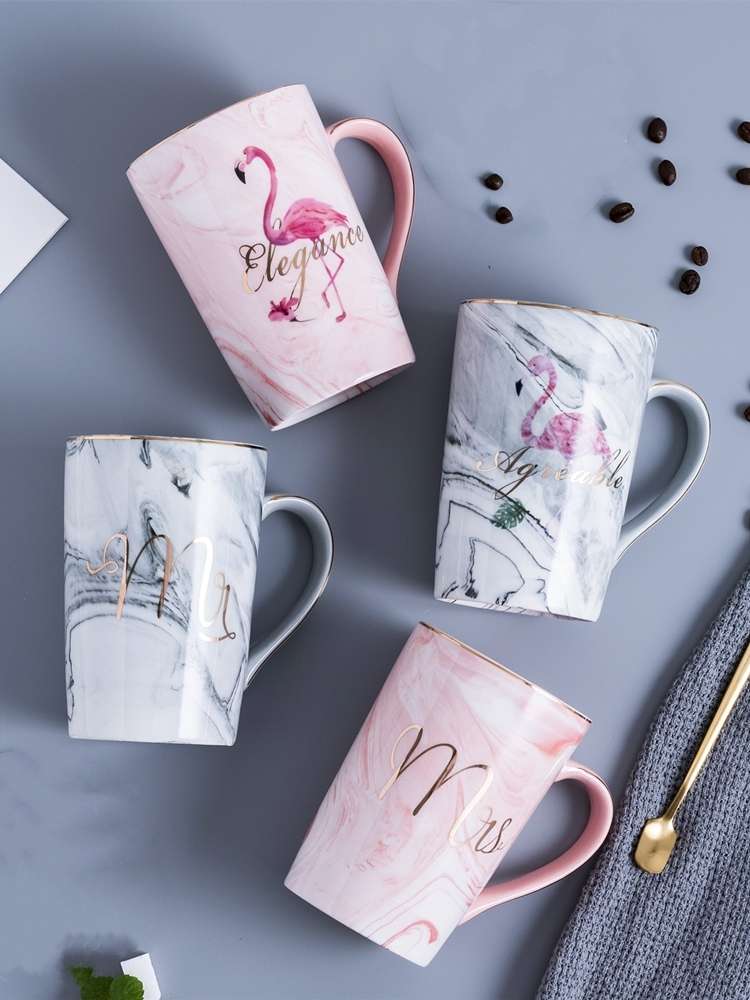 马克杯ins大理石纹水杯陶瓷少女心火烈鸟杯子