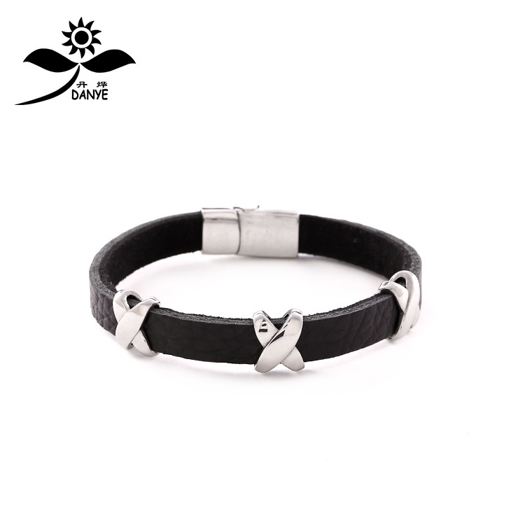 Korean version of high-grade men's titanium leather bracelet X ribbon pure leather hand-made stainless steel bracelet accessories thumbnail