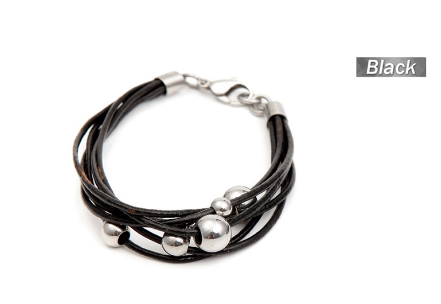 Aliquick-selling stylish men's titanium steel round bead leather bracelet stainless steel lobster clasp bracelet