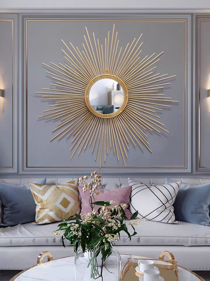 玄关铁艺太阳镜子壁饰壁挂件客厅背景墙挂饰样板房软装轻奢装饰品细节图