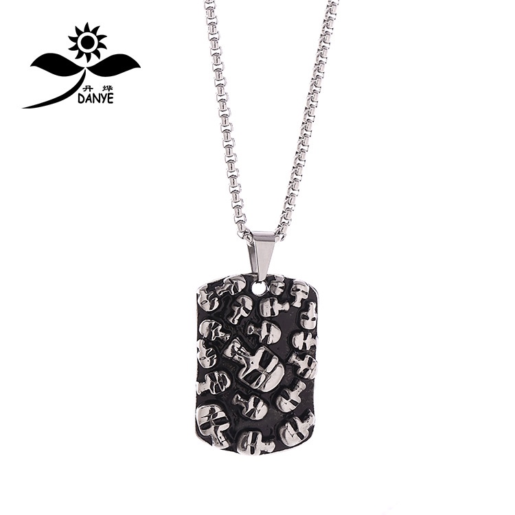 欧美复古钛钢抹黑军牌吊坠 不锈钢骷髅头符号项链饰品挂件细节图