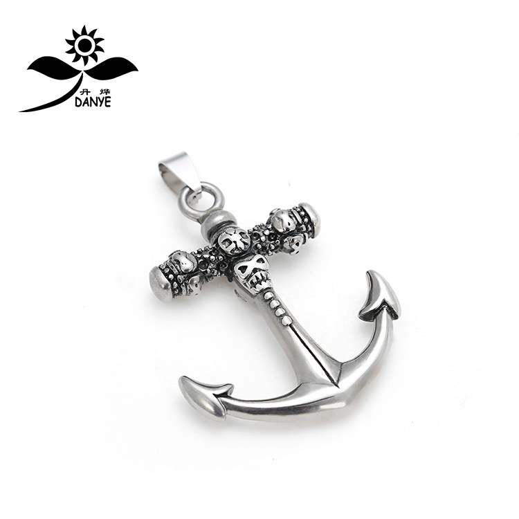 跨境爆款欧美复古男士钛钢船锚吊坠 不锈钢加勒比海盗骷髅头项链产品图