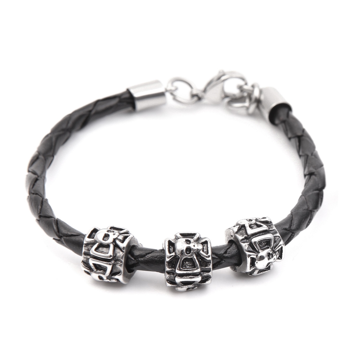 Titanium cross, leather bracelet, skull, stainless steel, hand woven bracelet, bracelet, bracelet