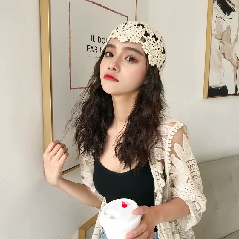 帽子女夏天薄款百搭时尚韩版潮日系手工编织头套镂空透气头巾文艺