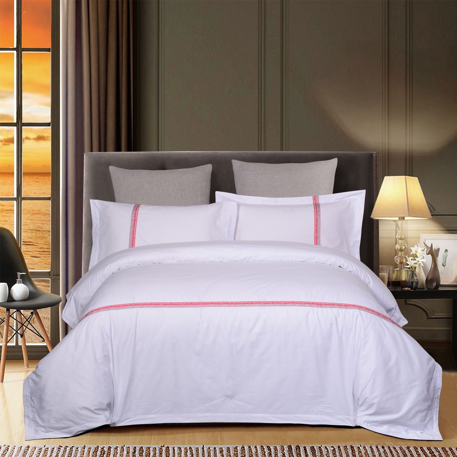 Theme hotel linen four-piece set, all-cotton white brocade, custom four-piece set of bed linens for homestay hotels details Picture