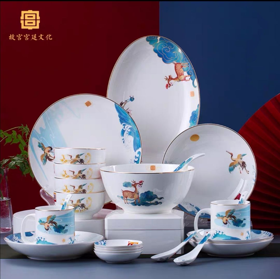 故宫联名 碗盘 家用陶瓷餐具 创意搭配 新中式 骨质瓷 鹤鹿同春