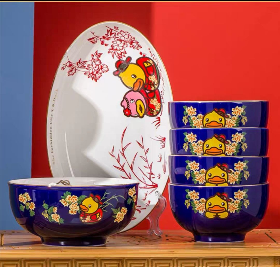 B.Duck小黄鸭x故宫文创联名陶瓷中式碗盘餐具散件
