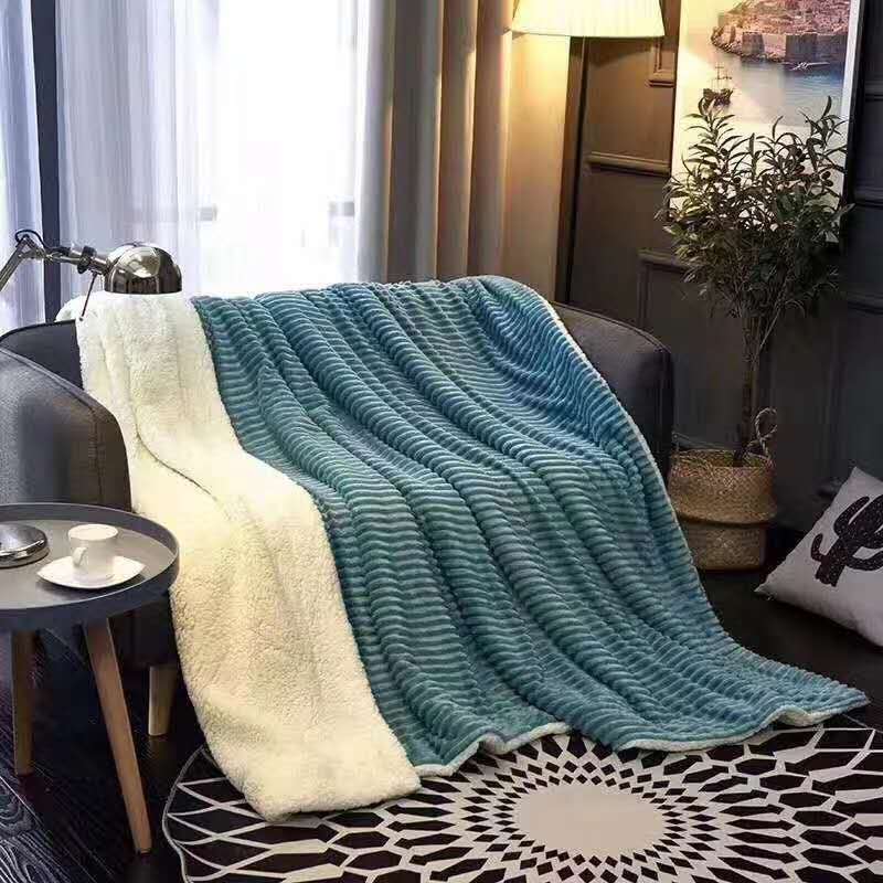 素色单色纯色抽条+羊羔绒双层毯毛毯绒毯复合毯