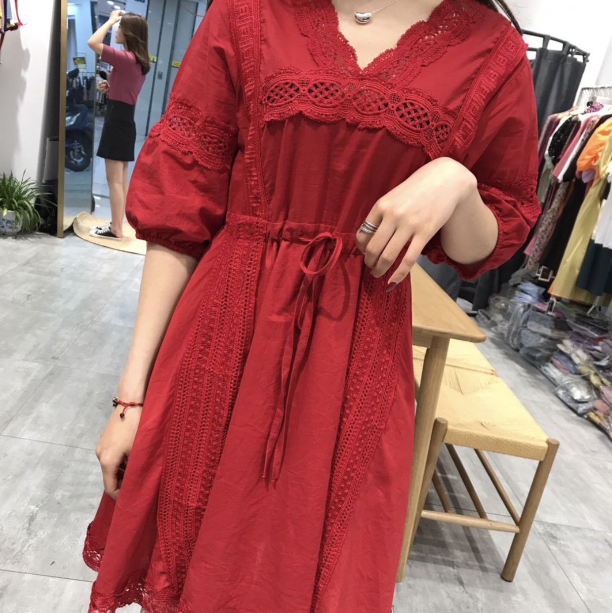 Korean-style dress with a red drawstring waist