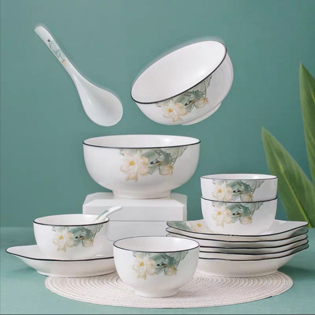 Ceramic Tableware Bowl Plate Piece Set Free Combination Of New Chinese Lotus World