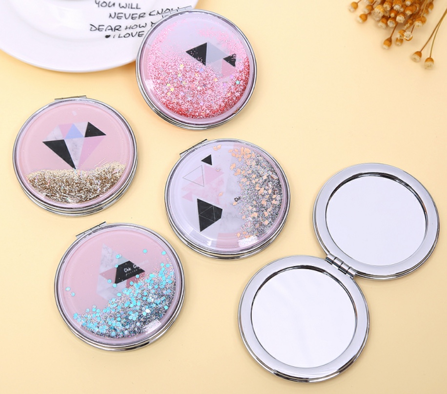 网红流沙圆形小镜子化妆镜便携随身折叠学生图