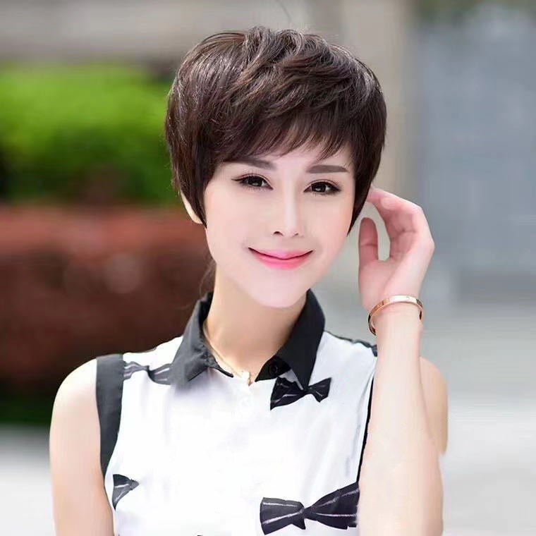 黑色真人发女士全头套中老年时尚假发短发无痕真发透气轻薄