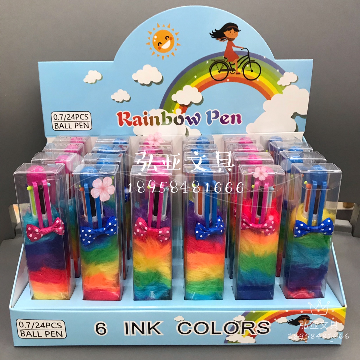 6 color plush ballpoint pen multicolor pen with bowknot rainbow pen pink and blue