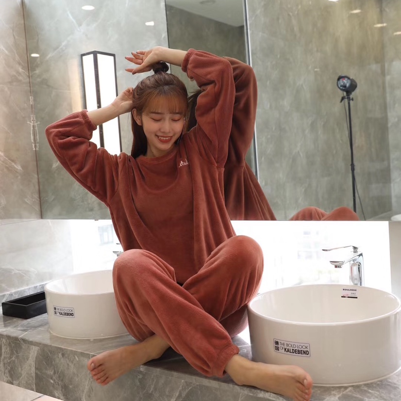 Warm pajamas suit for home wear with coral plush thumbnail