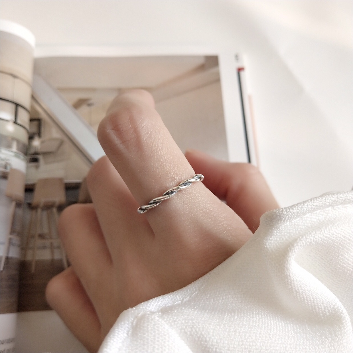 Korean retro distressed twist ring, Thai silver woven twisted index finger ring, versatile and trendy for student girls