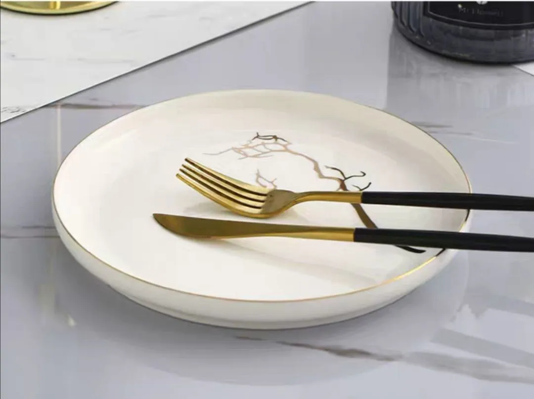 Youzun Ceramic Plate Set: Square, gold-rimmed, round, deep plate, thickened plate, round, European-style tableware detail image 17