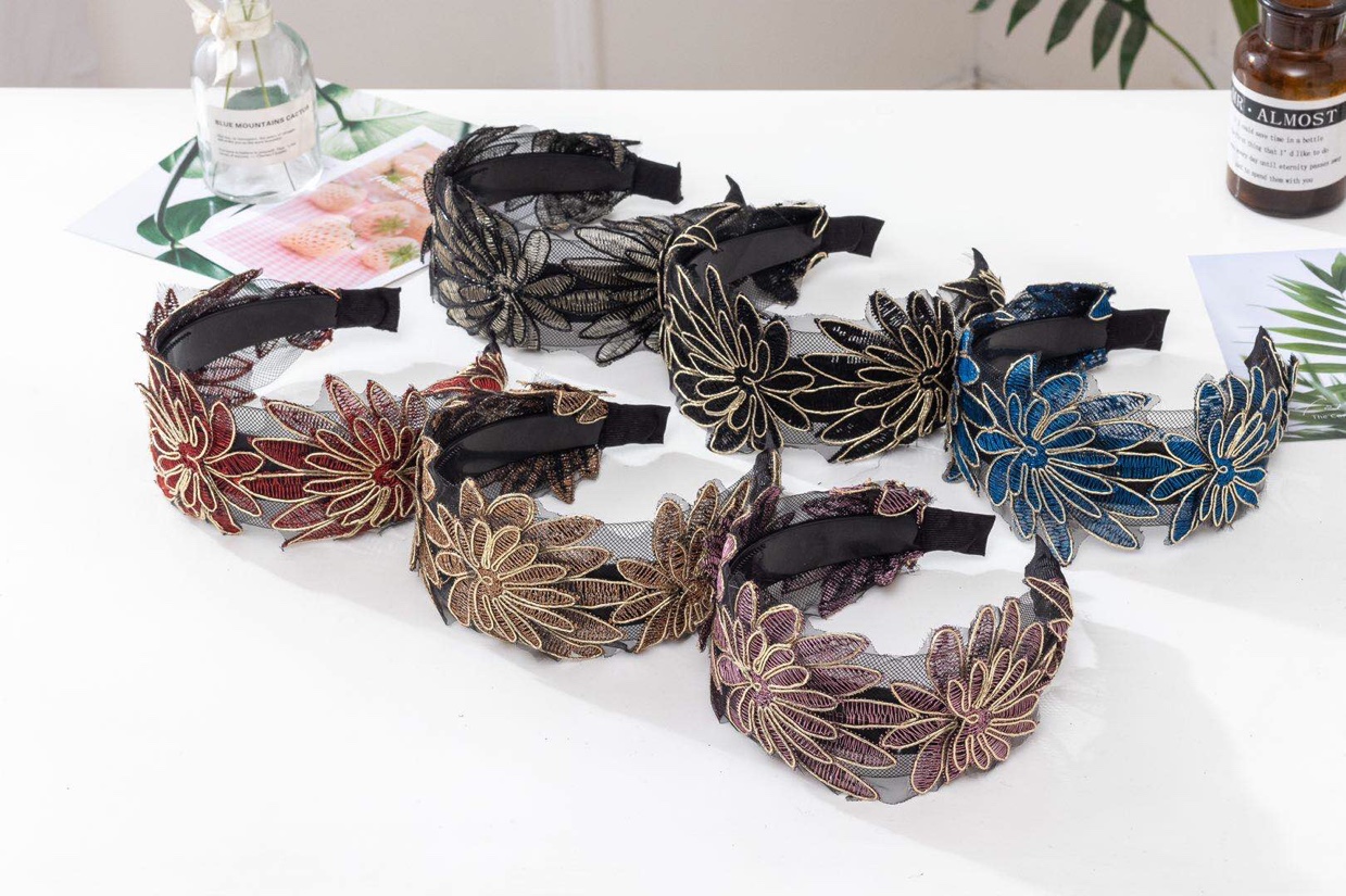 Ethnic-style embroidered headbands are used as embellishments
