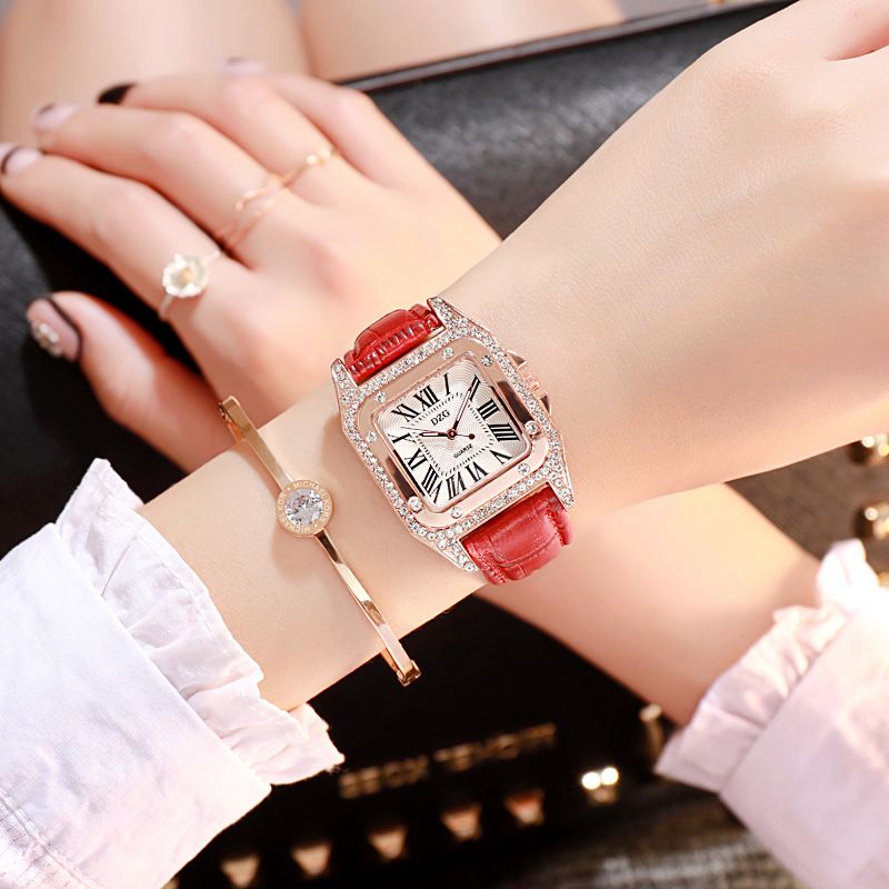 Square leather strap with diamonds trendy watch detail image 2