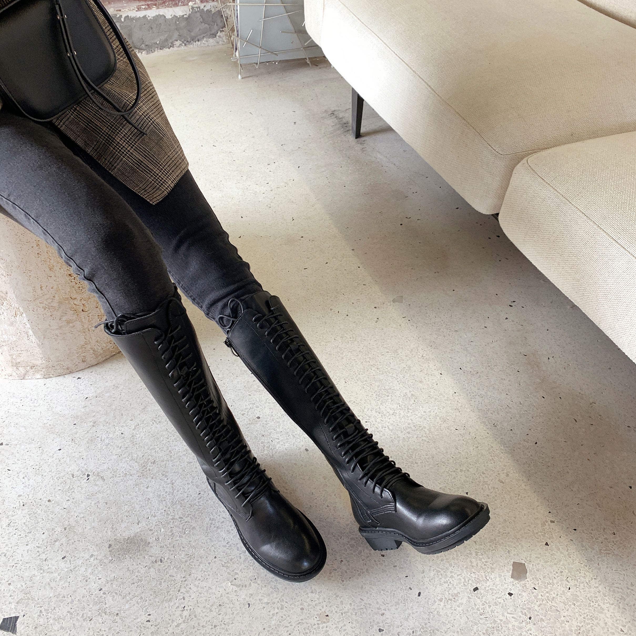 秋季新款长筒骑士靴女前系带长筒皮靴详情图4