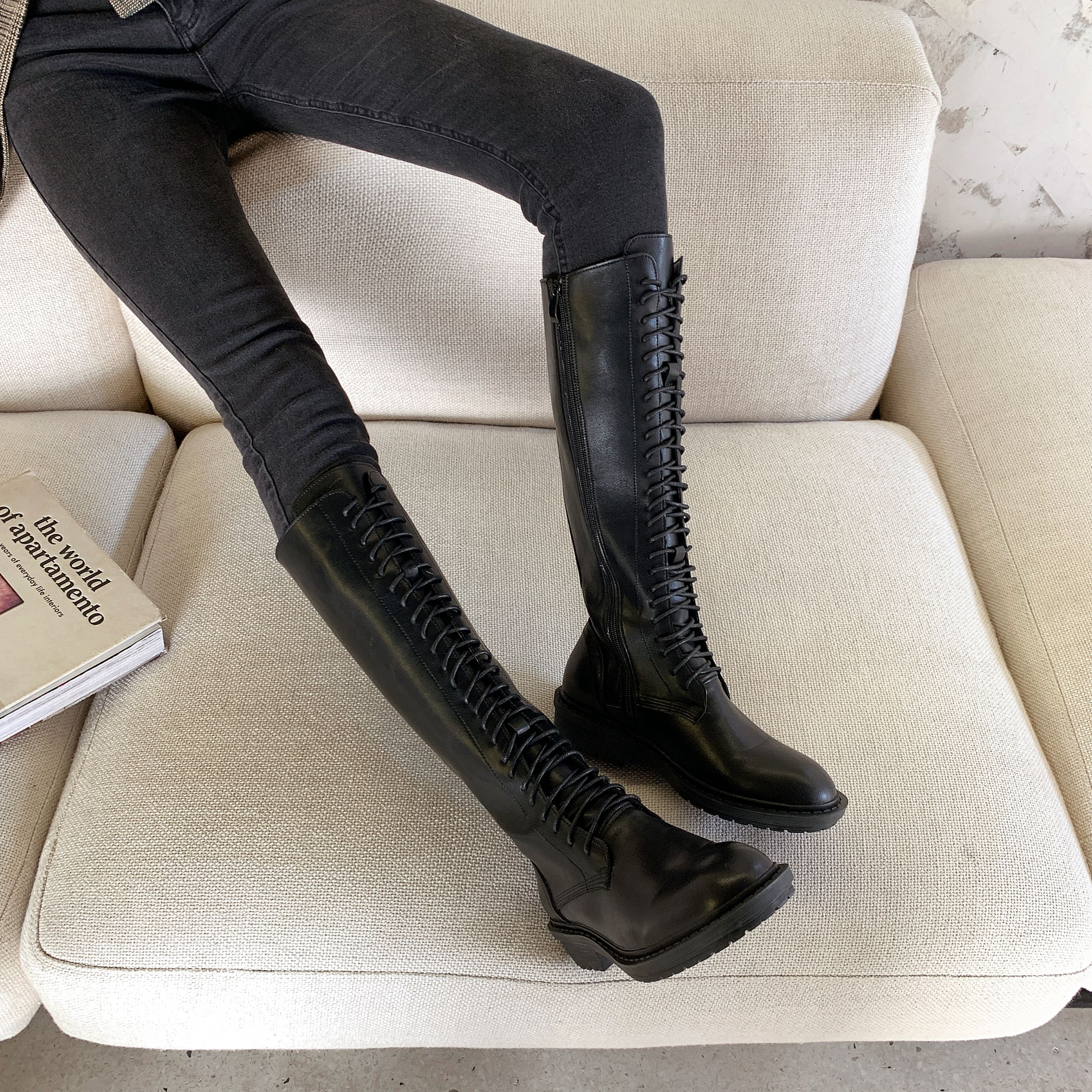 秋季新款长筒骑士靴女前系带长筒皮靴详情图9