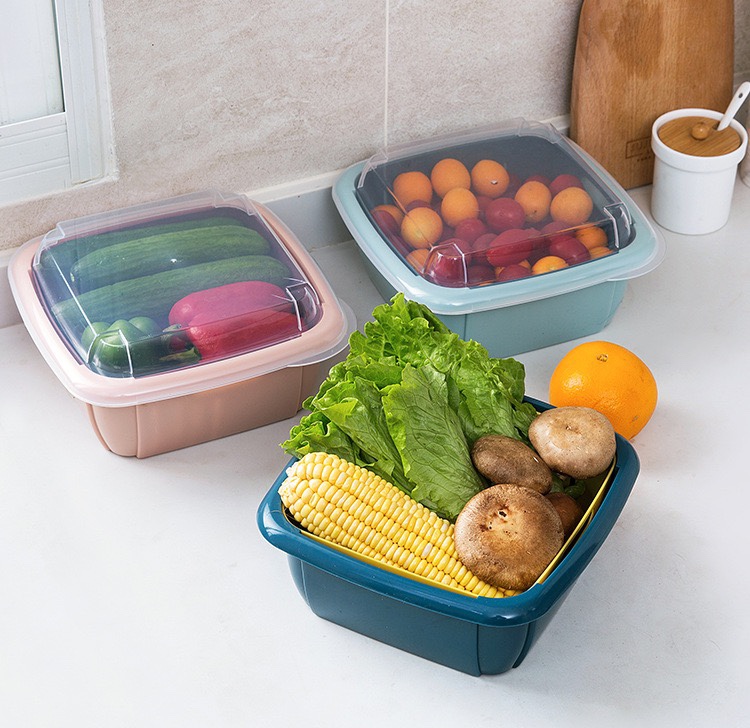Creative vegetable and fruit crisper refrigerator kitchen with a cover plastic multi-functional storage basket double-layer asphalt basket thumbnail