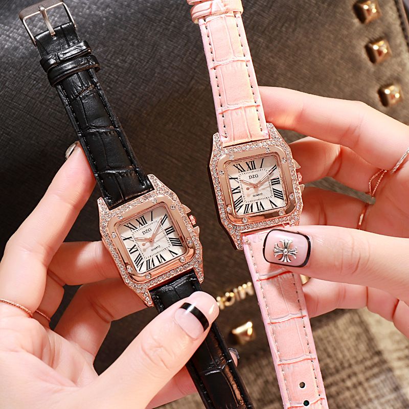Square leather strap with diamonds trendy watch detail image 3