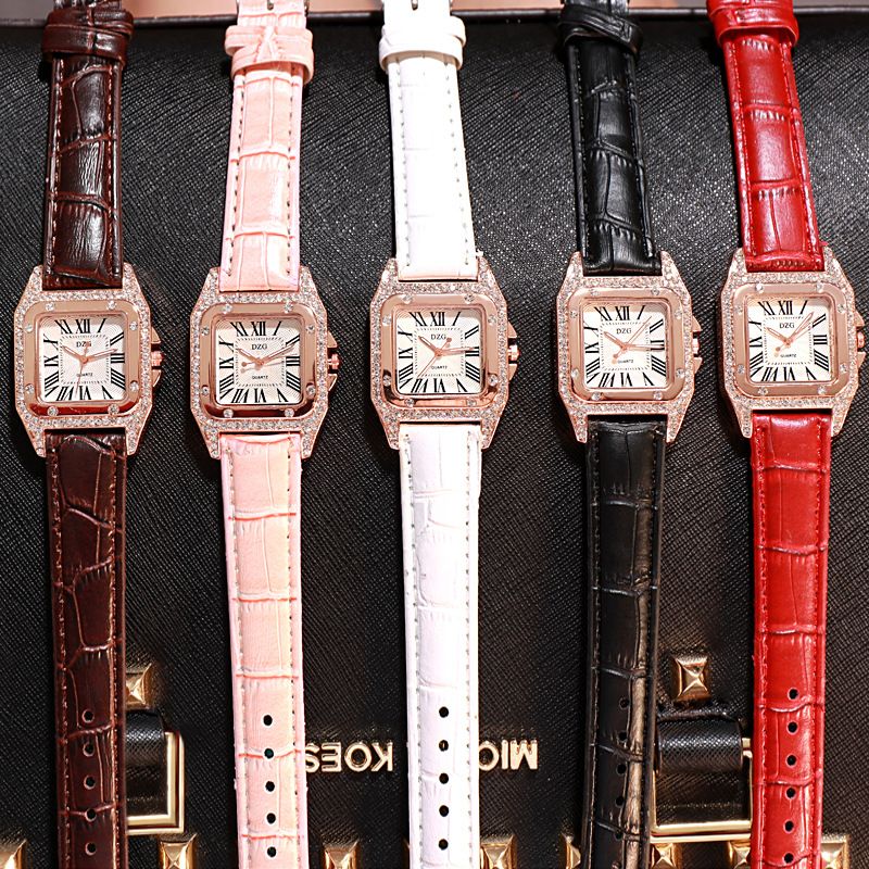 Square leather strap with diamonds trendy watch