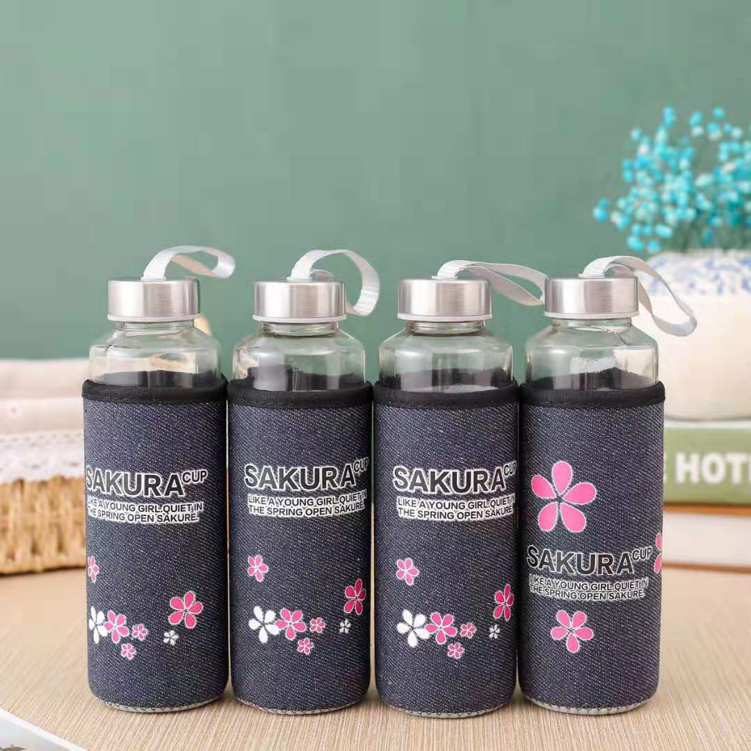 New denim glass cup, portable single-layer water cup, simple transparent covered tea cup, heat-insulating and anti-drop glass cup Specification image