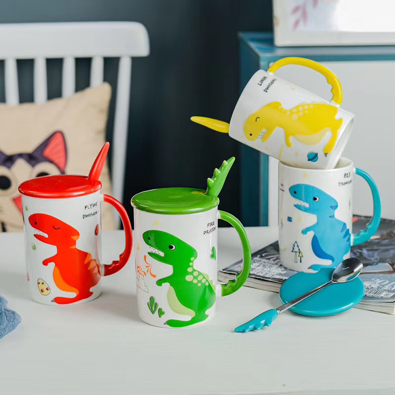 Cute Caton Dinosaur Ceramic Water Mug creative 3D animal mug large capacity breakfast coffee mug with lid thumbnail