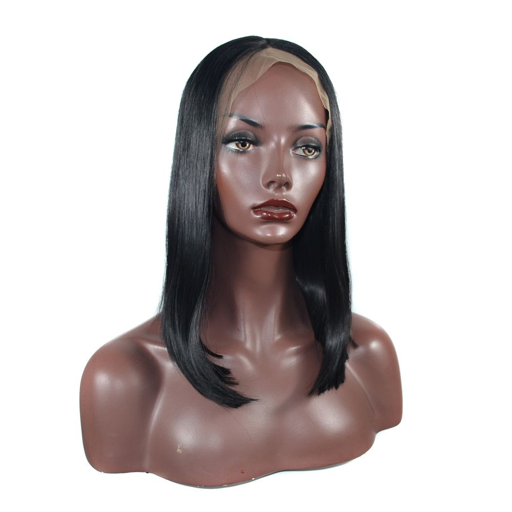 A long Bob wig in front of a lace synthetic wig. A lace wig in front of a black split wig