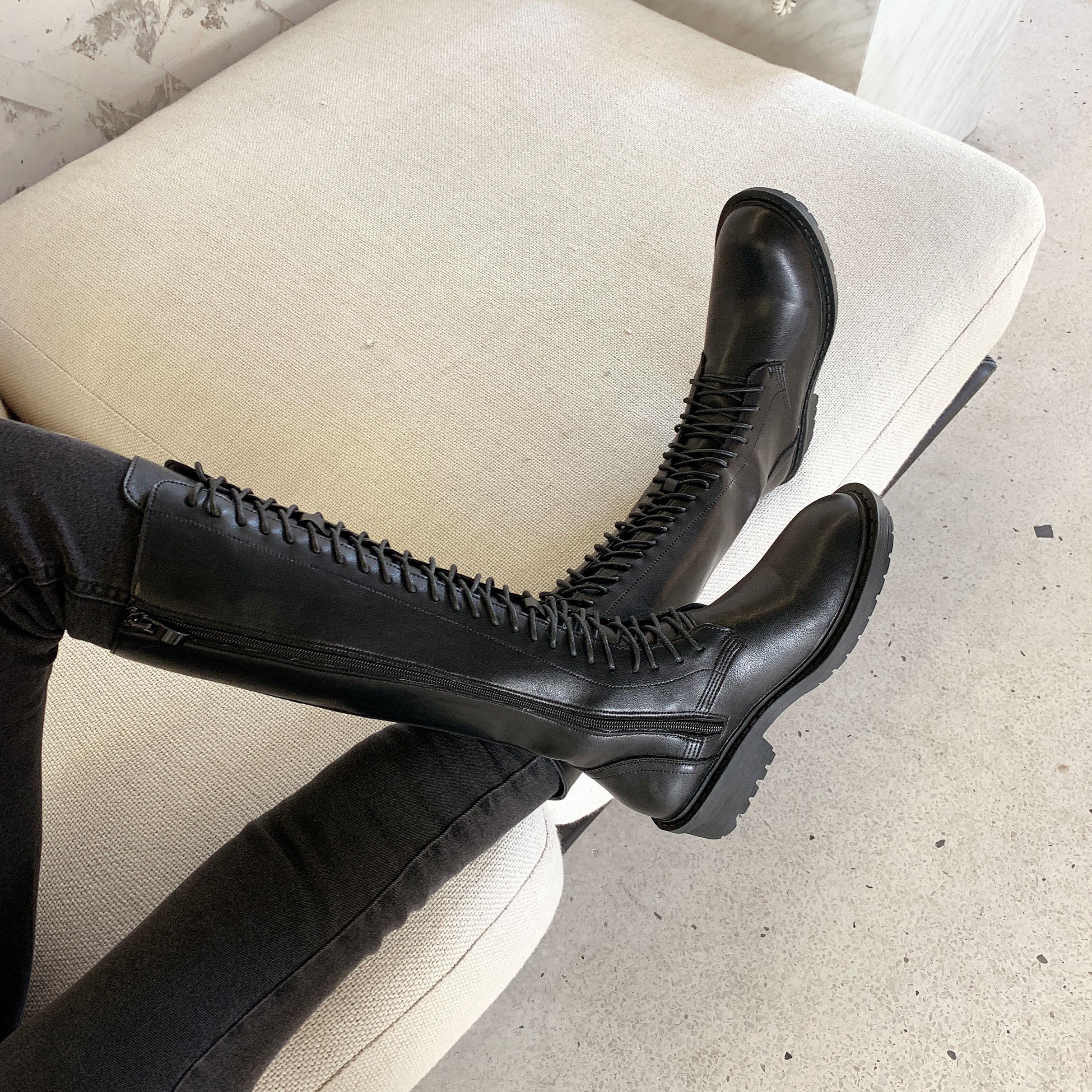 秋季新款长筒骑士靴女前系带长筒皮靴详情图6