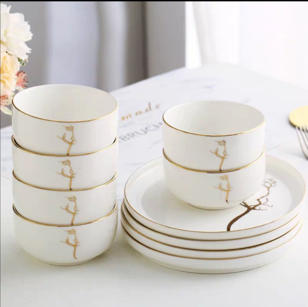 Youzun Ceramic Plate Set: Square, gold-rimmed, round, deep plate, thickened plate, round, European-style tableware