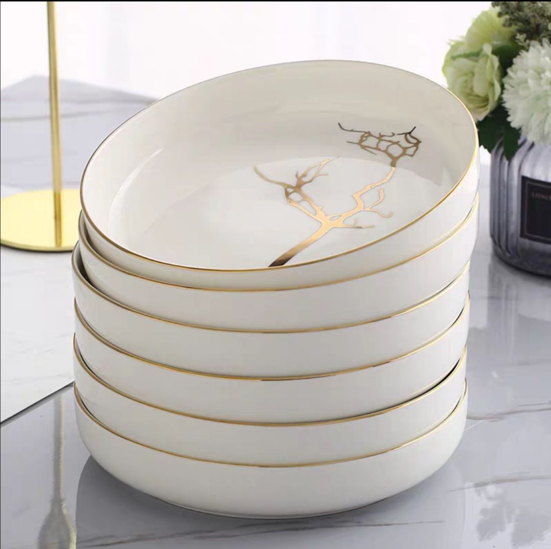 Youzun Ceramic Plate Set: Square, gold-rimmed, round, deep plate, thickened plate, round, European-style tableware Specification image