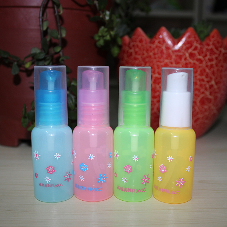 30ml彩色印花 乳液压瓶 旅行分装瓶压嘴瓶 塑料压瓶 颜色随机