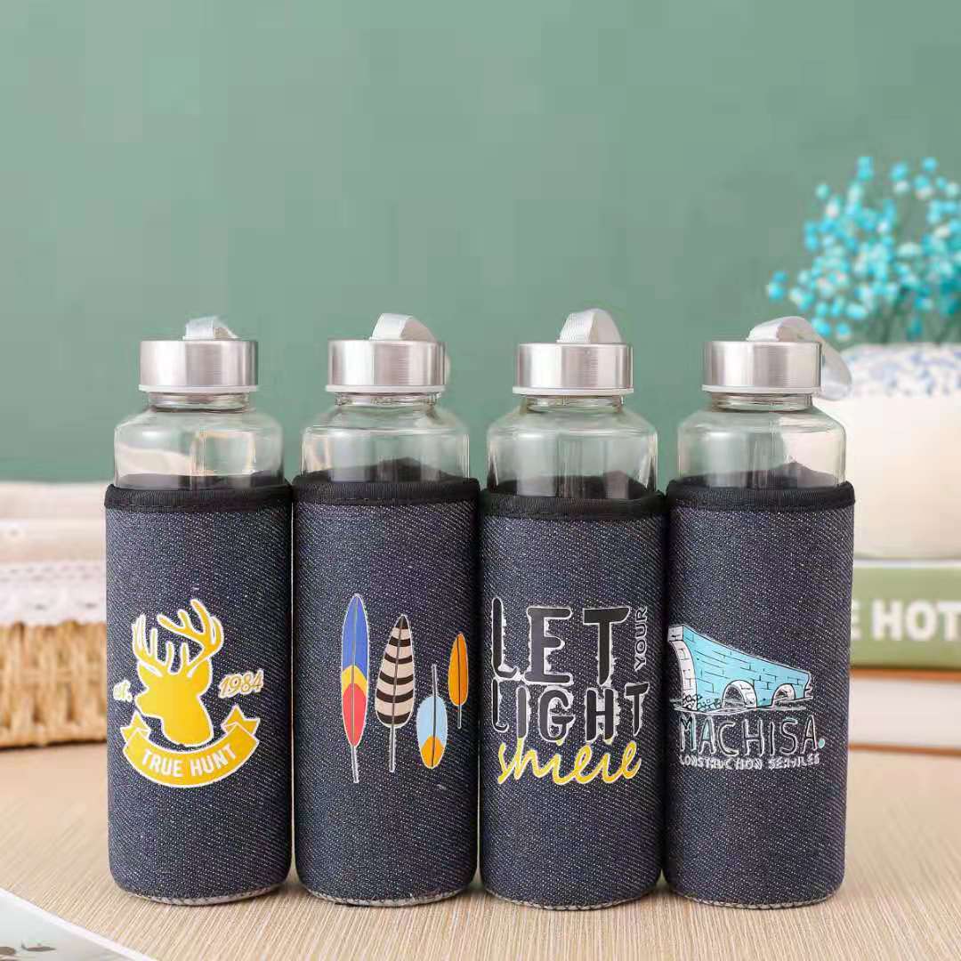 New denim glass cup, portable single-layer water cup, simple transparent covered tea cup, heat-insulating and anti-drop glass cup Item Picture
