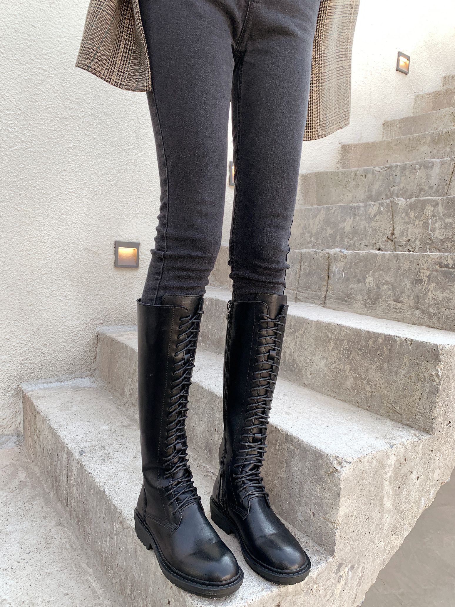 秋季新款长筒骑士靴女前系带长筒皮靴详情图5