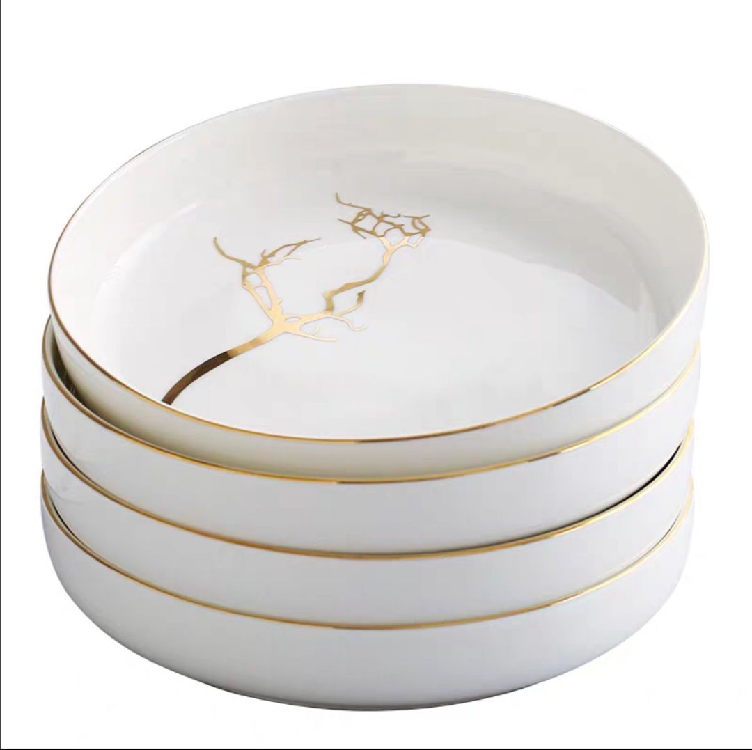 Youzun Ceramic Plate Set: Square, gold-rimmed, round, deep plate, thickened plate, round, European-style tableware details Picture