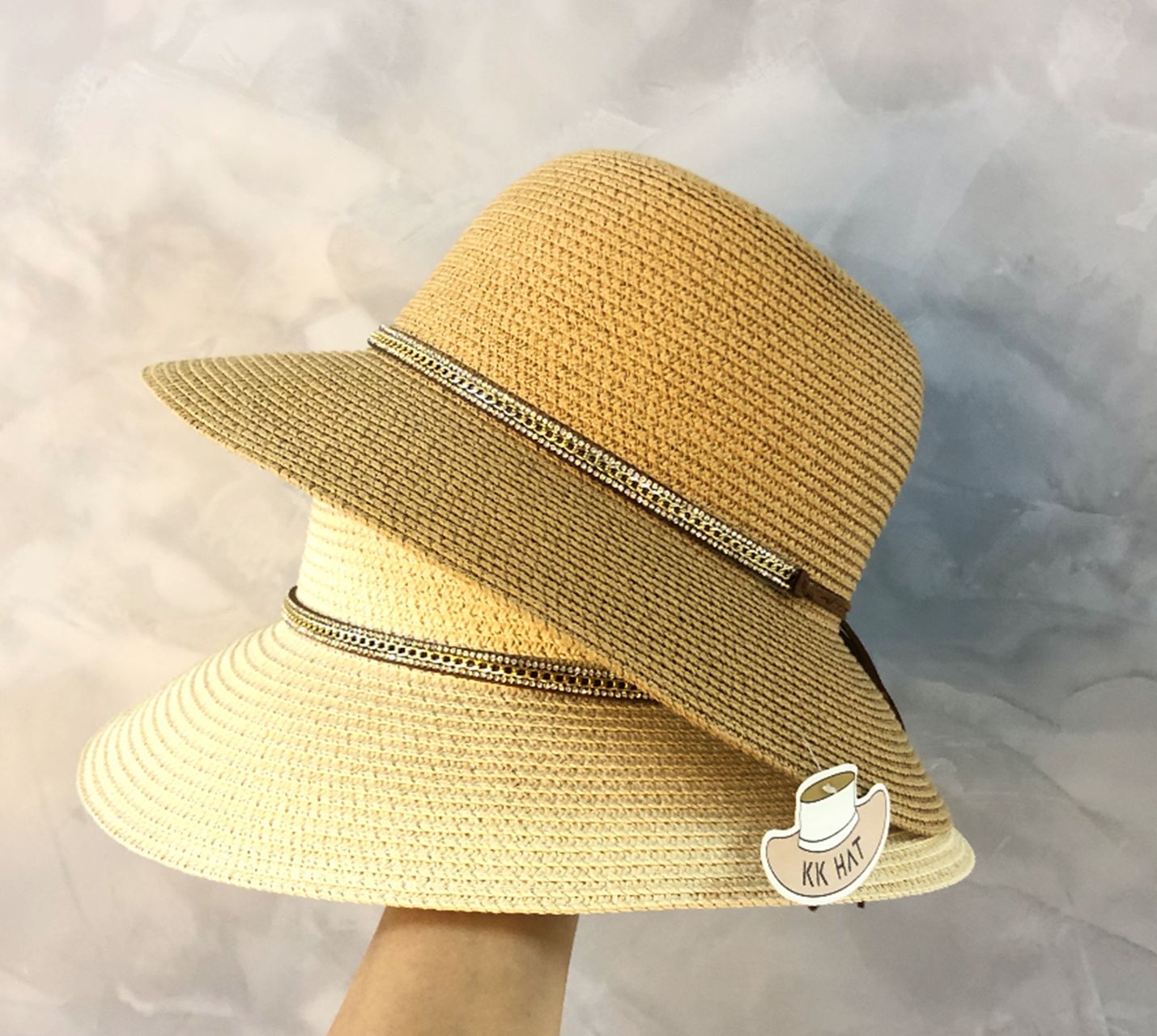Yiwu Selection simple drill decoration straw hat in beige /KK203648/38380 full figure