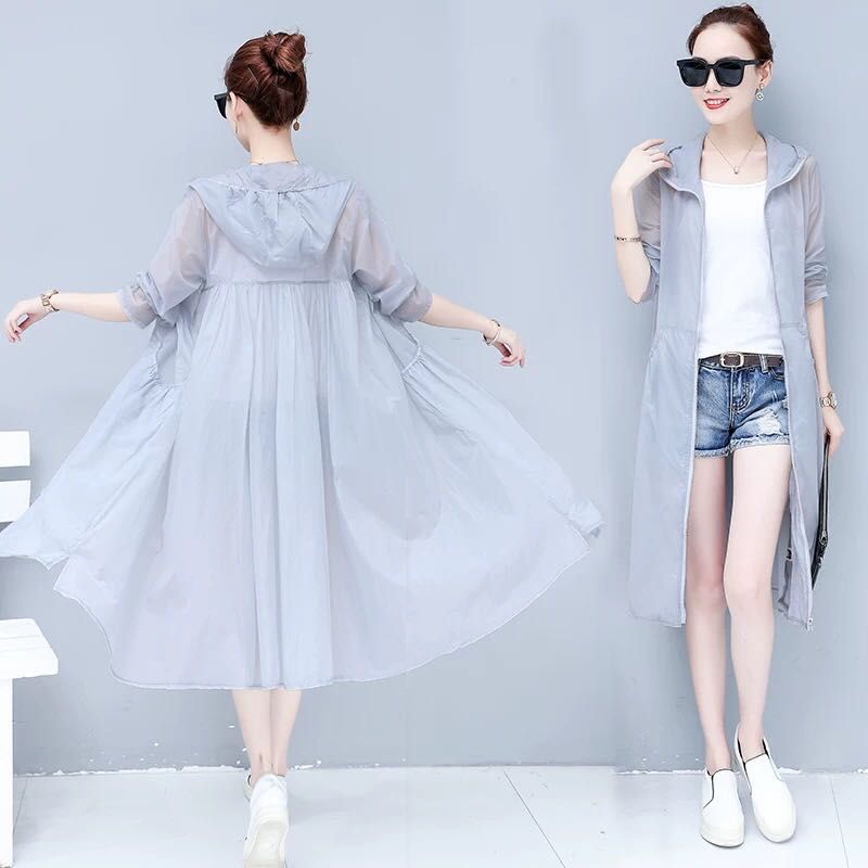 Women's hooded sunscreen length trench coat grey