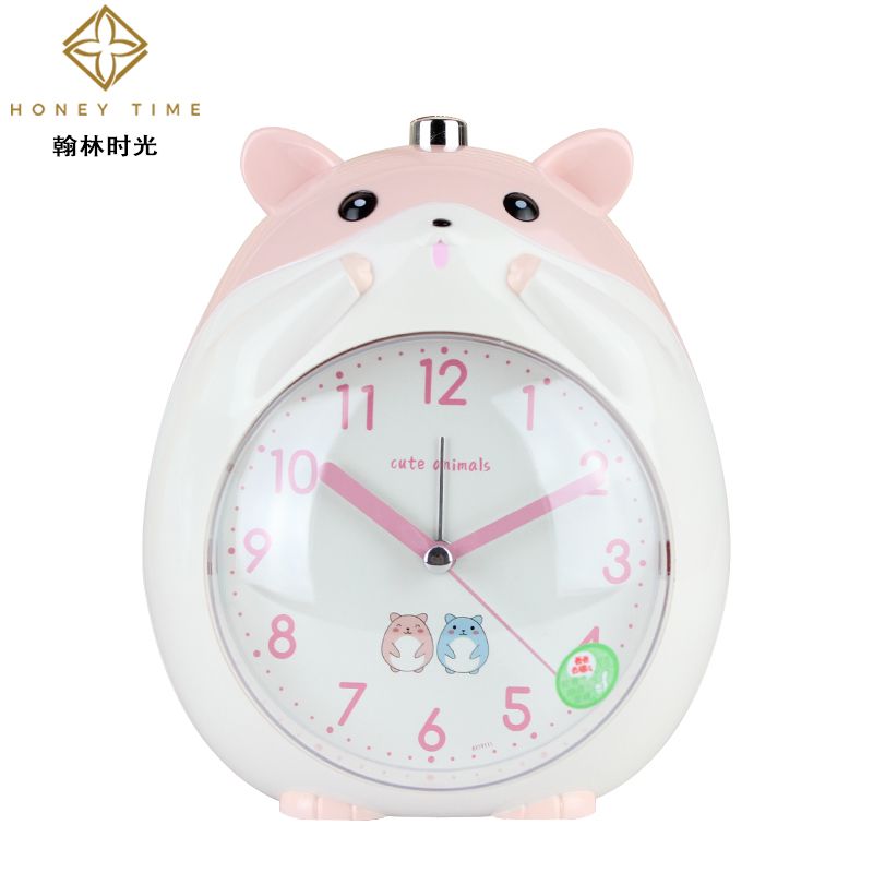 Fashionable and lovely cartoon hamster double music alarm clock children students bedside mute sweep second snooze night light when clocks details Picture