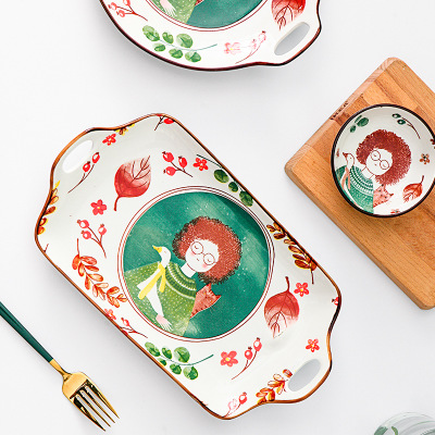 Japanese-style ceramic 9-inch single-handle baking tray, home creative Instagram baking breakfast plate, oven-baked rice chicken wing plate