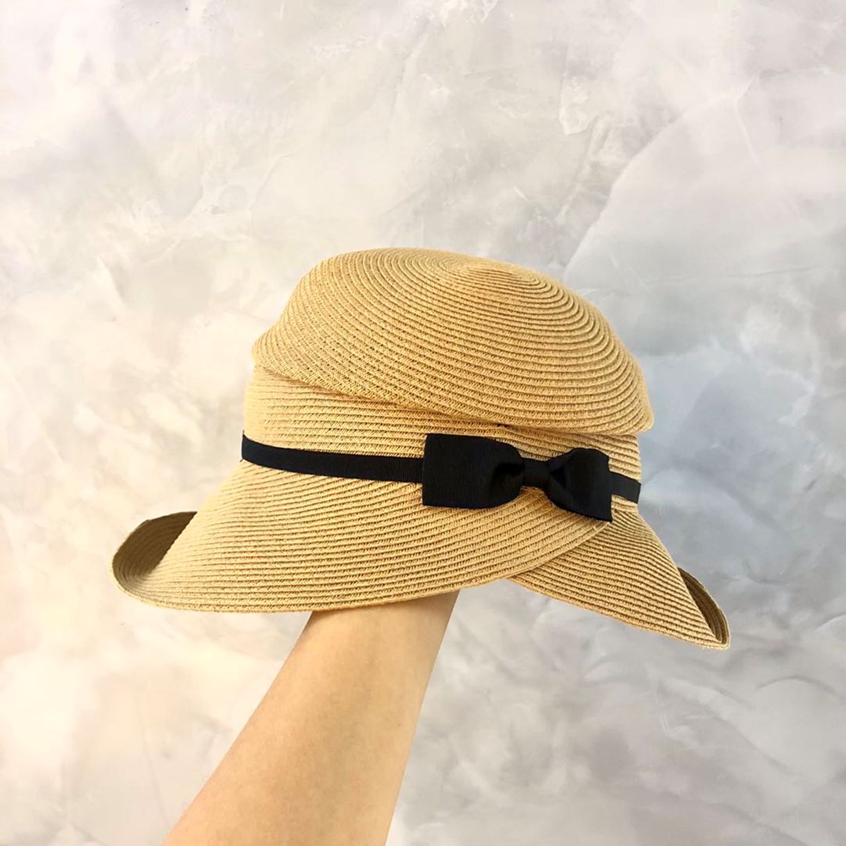 Yiwu Selection Day department small bow decoration foldable straw hat in beige /KK203652/38380 full figure