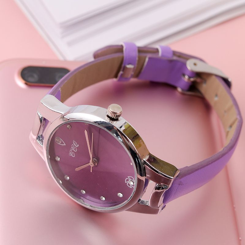 ins风韩版宝石光面镶钻皮带女表可爱风车刻度