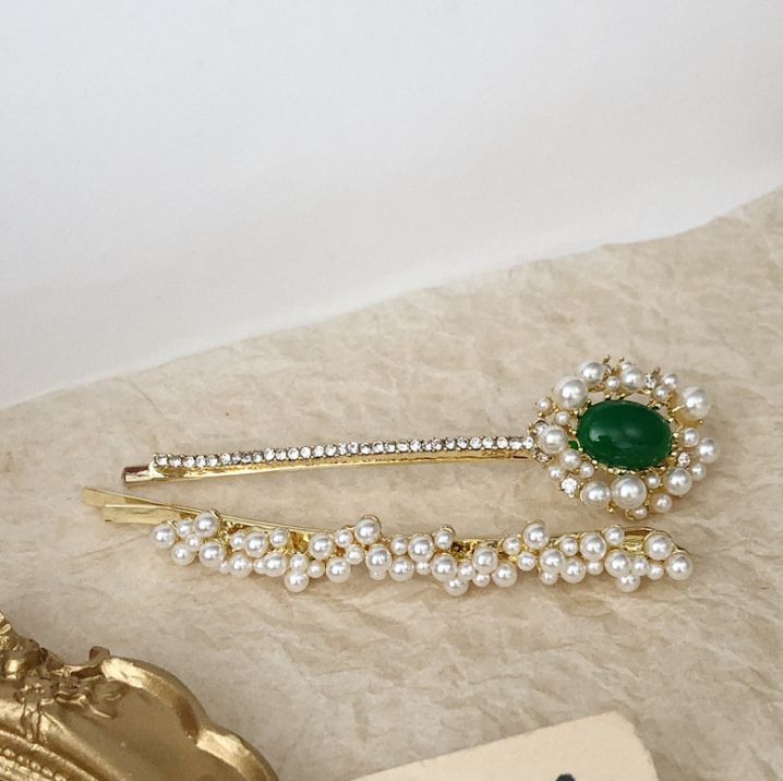Dongdaemun buy the same insta vintage court style emerald pearl hairpin Korea web celebrity hairpin card