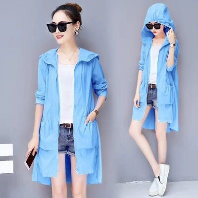 Women's hooded sunscreen length trench coat blue