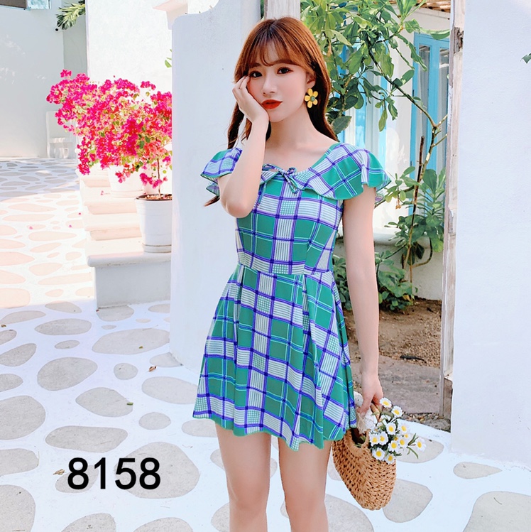 Swimsuit 8158 green one-piece checker small fresh holiday cover