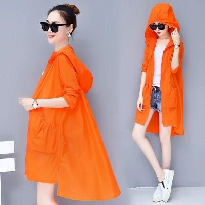 Women's hooded sunscreen length trench coat orange