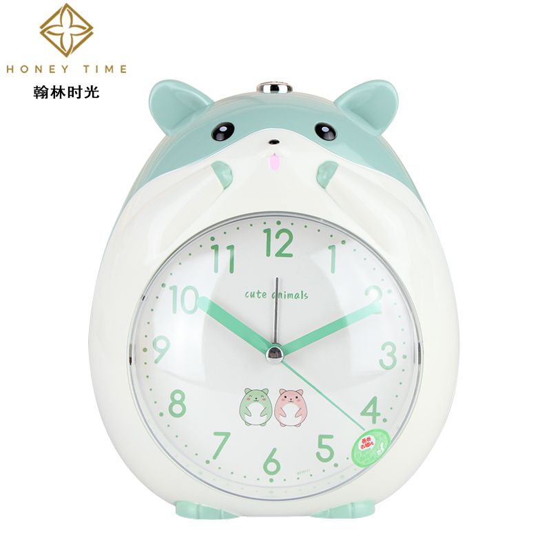 Fashionable and lovely cartoon hamster double music alarm clock children students bedside mute sweep second snooze night light when clocks Item Picture