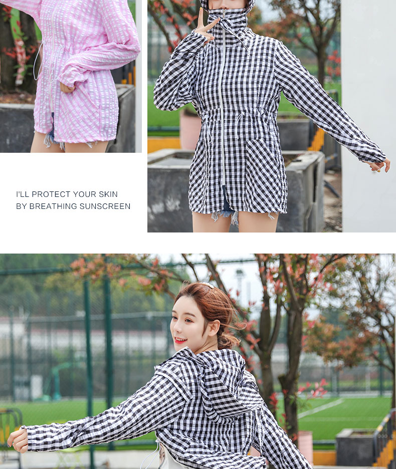 Large Plaid Polyester Seersucker Sunscreen With Hood undefined